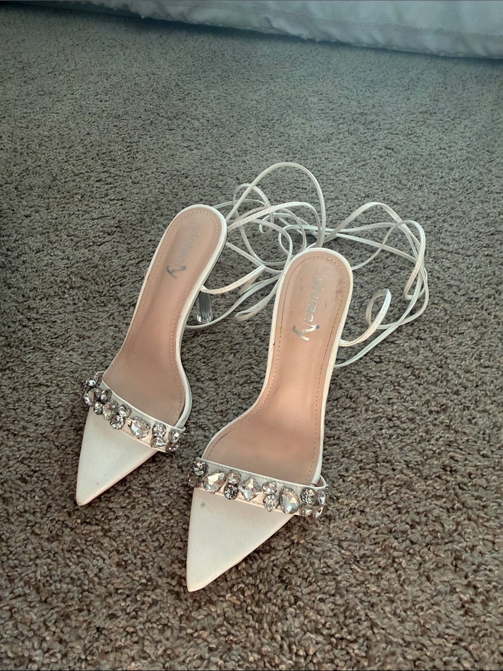 Amazon White Pointed-Toe Lace-Up Heels with Crystal Strap